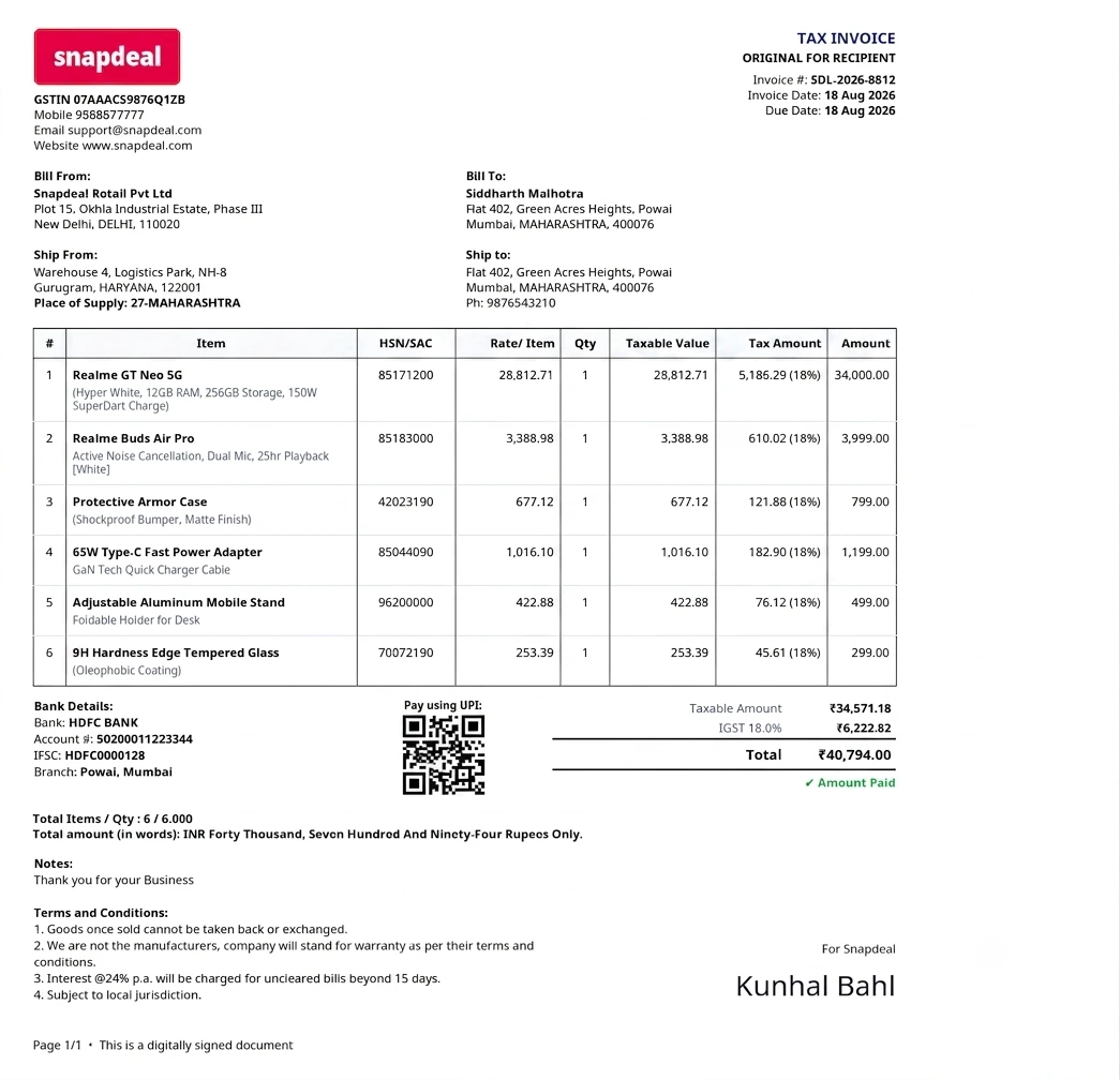 Bill To – Ship To GST Invoice Template